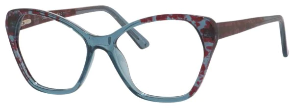 A pair of glasses is shown with red and blue frames.