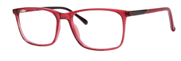 A pair of red glasses with black temples.