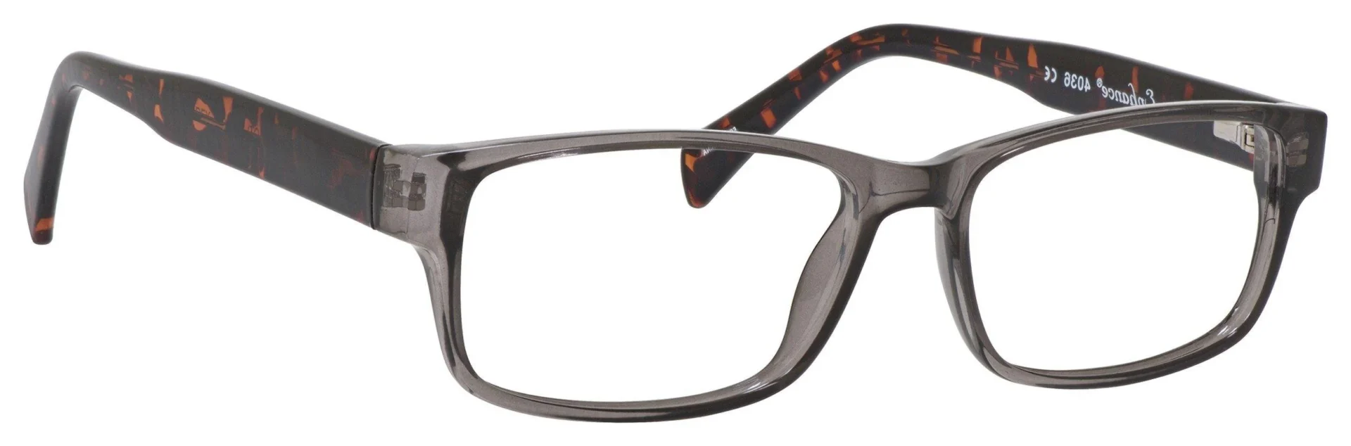 A pair of glasses is shown with the frame slightly bent.