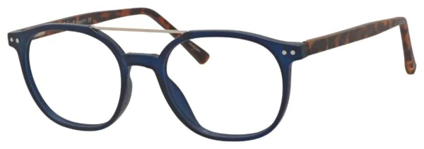 A pair of blue glasses with gold accents.