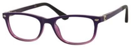 A pair of purple glasses with black temples.