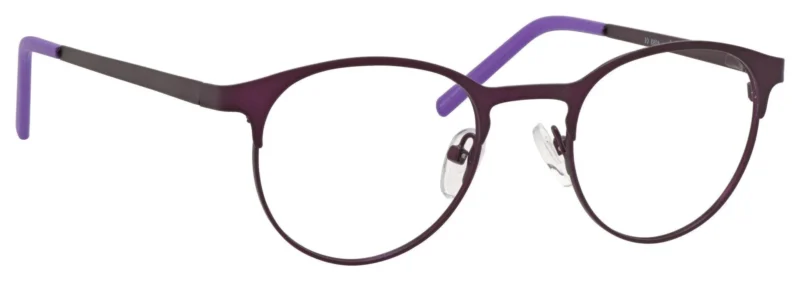 A pair of glasses is shown with purple frames.