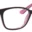 A pair of glasses is shown with pink frames.