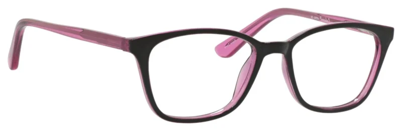 A pair of glasses is shown with pink frames.