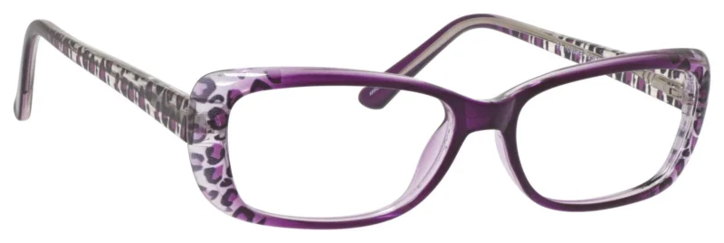 A pair of purple glasses with a white pattern on them.