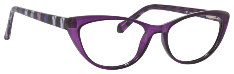 A pair of purple glasses with a black rim.