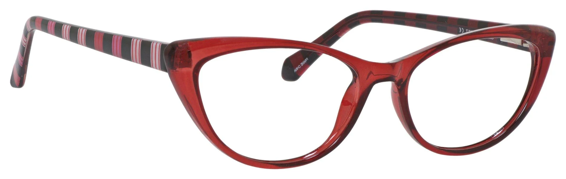 A pair of red glasses with black tips.