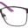 A pair of glasses is shown with purple frames.