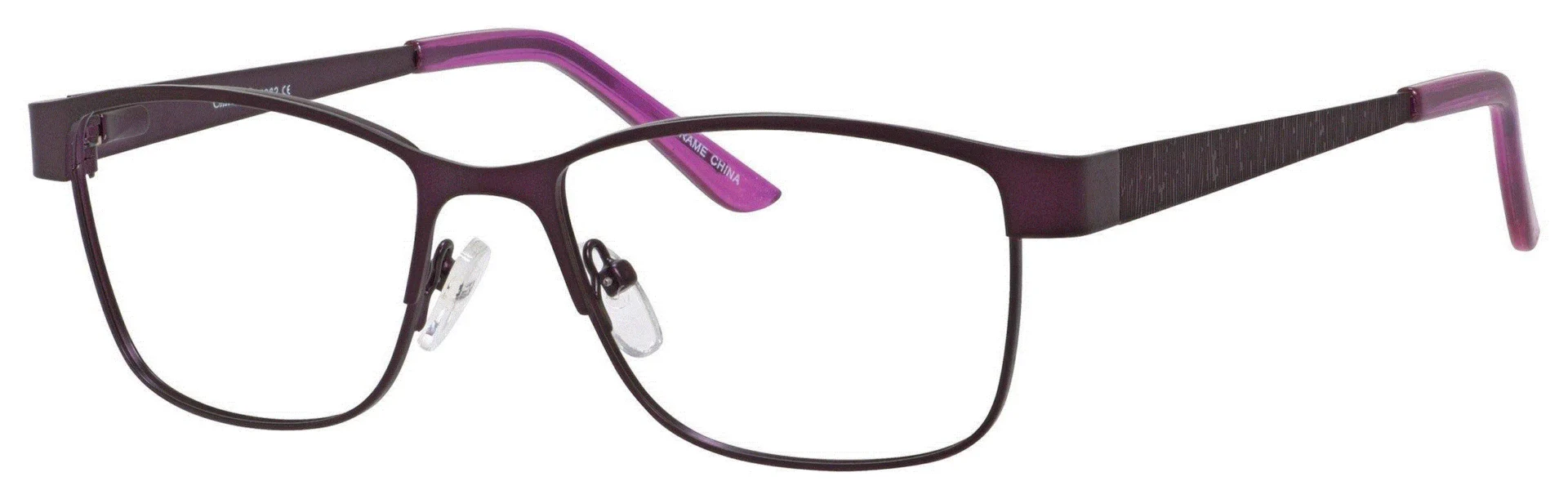 A pair of glasses is shown with purple frames.