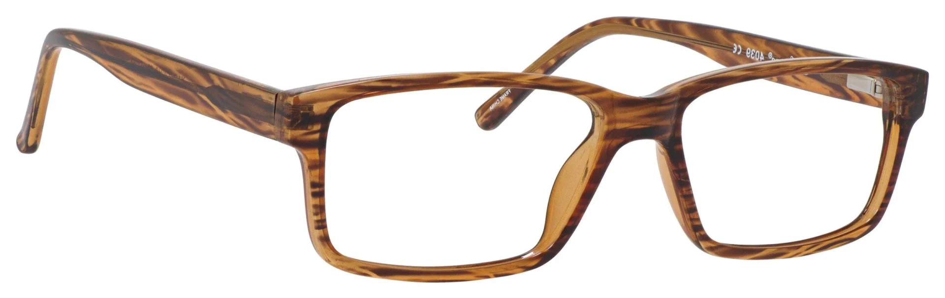 A pair of glasses is shown with the frame in focus.