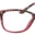 A pair of glasses is shown with pink frames.