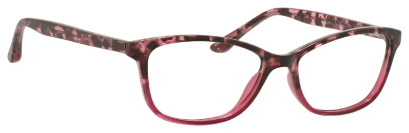 A pair of glasses is shown with pink frames.