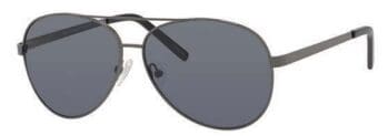 A pair of sunglasses with black frames and grey lenses.