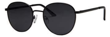 A pair of sunglasses with black frames and dark lenses.