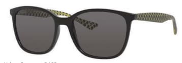 A pair of sunglasses with a yellow and black pattern on the side.